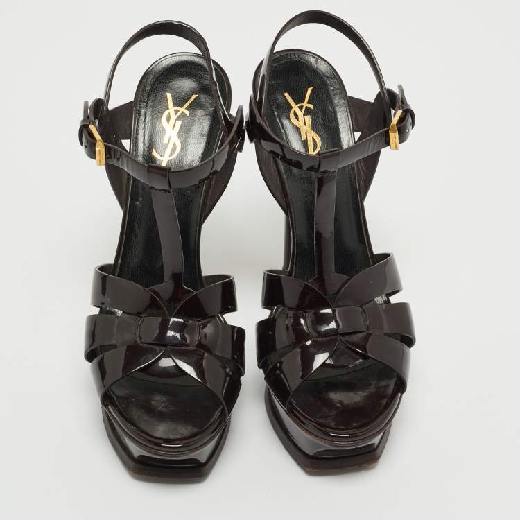 Pre Owned Saint Laurent Burgundy Patent Leather Tribute Platform Ankle Strap Sandals Size 37