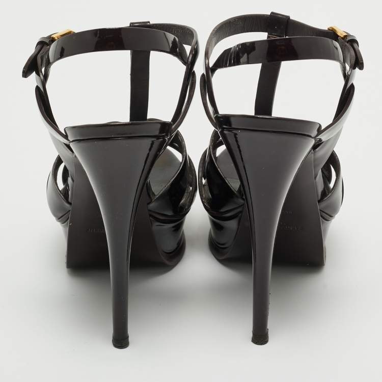 Pre Owned Saint Laurent Burgundy Patent Leather Tribute Platform Ankle Strap Sandals Size 37