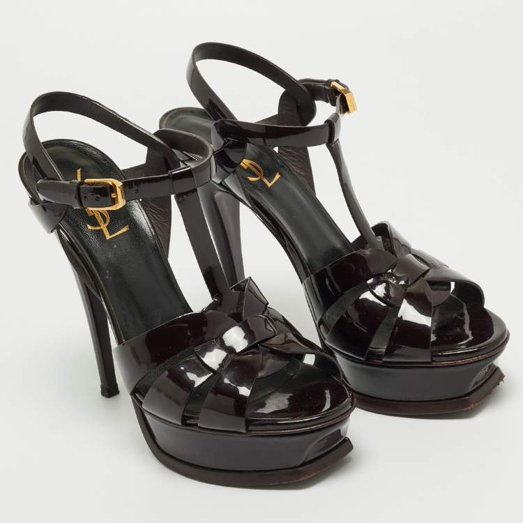 Pre Owned Saint Laurent Burgundy Patent Leather Tribute Platform Ankle Strap Sandals Size 37