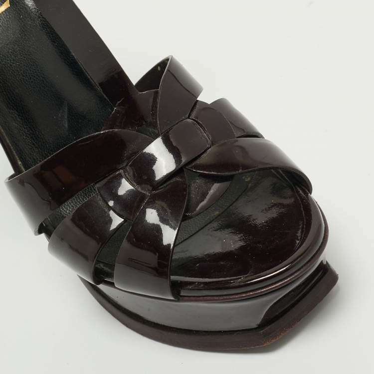 Pre Owned Saint Laurent Burgundy Patent Leather Tribute Platform Ankle Strap Sandals Size 37