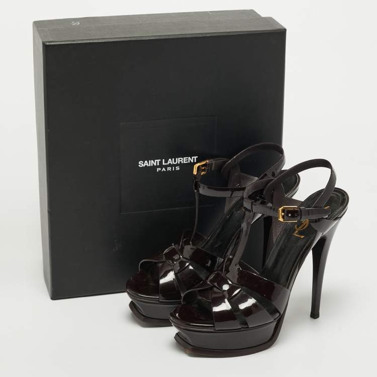 Pre Owned Saint Laurent Burgundy Patent Leather Tribute Platform Ankle Strap Sandals Size 37