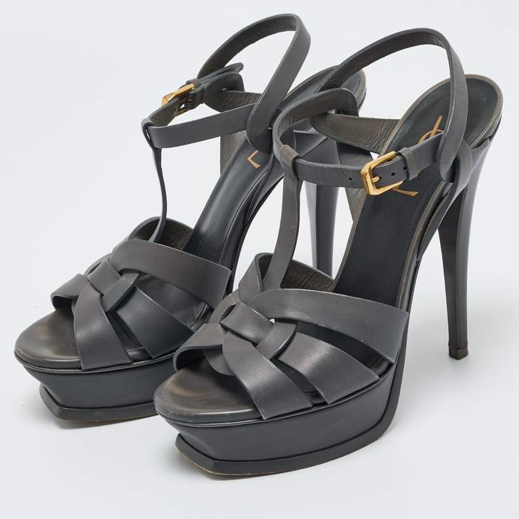 Pre Owned Saint Laurent Grey Leather Tribute Platform Sandals Size 37