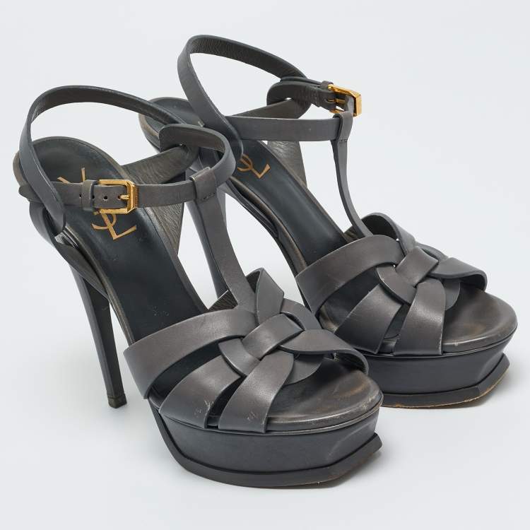 Pre Owned Saint Laurent Grey Leather Tribute Platform Sandals Size 37