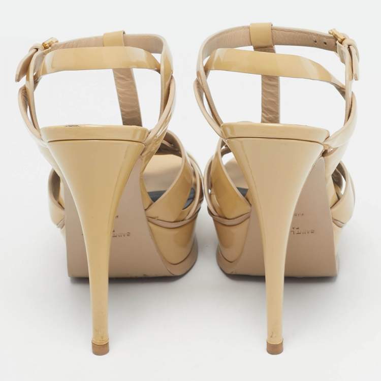 Pre Owned Saint Laurent Beige Patent Leather Tribute Platform Ankle Strap Sandals Size 37