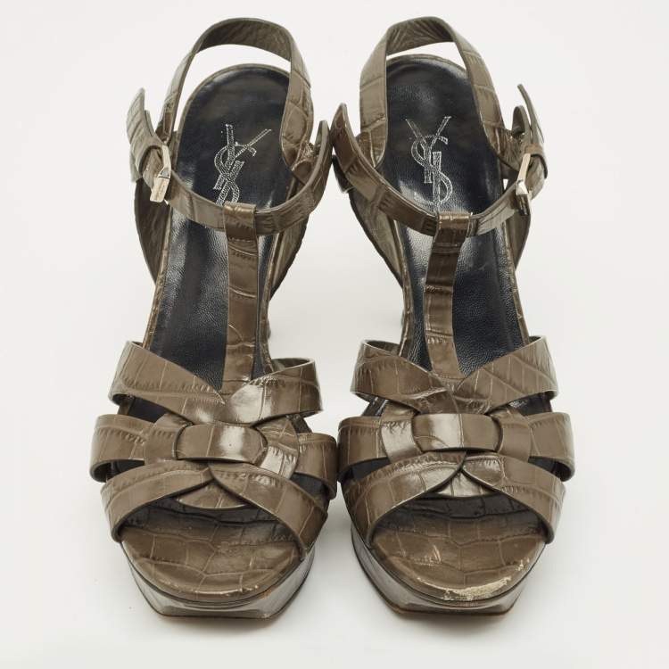 Pre Owned Saint Laurent Grey Croc Embossed Leather Tribute Ankle Strap Sandals Size 37