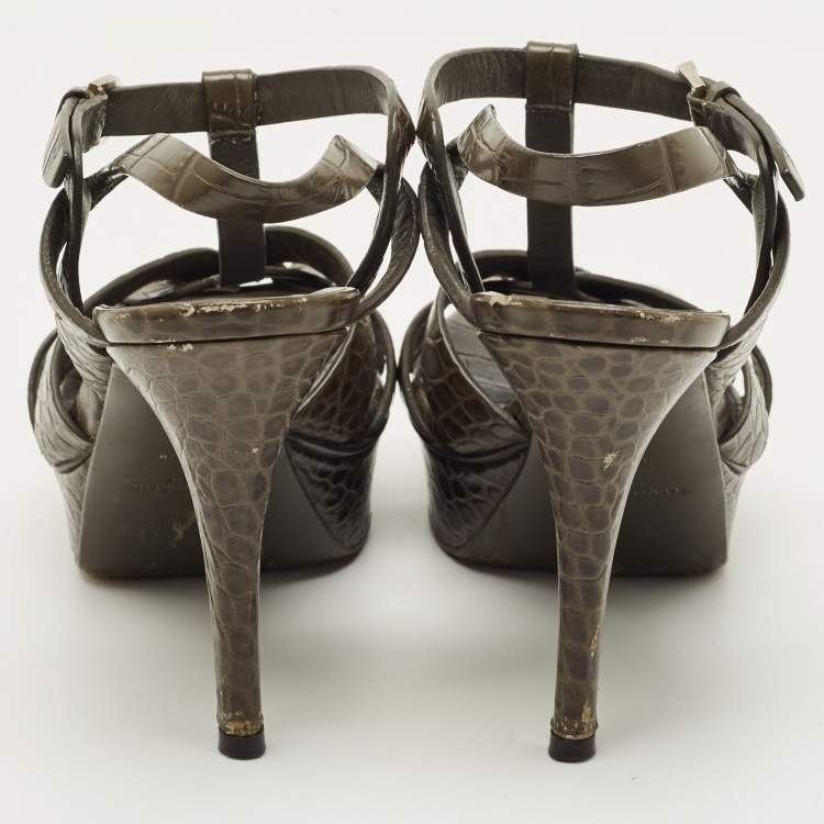 Pre Owned Saint Laurent Grey Croc Embossed Leather Tribute Ankle Strap Sandals Size 37