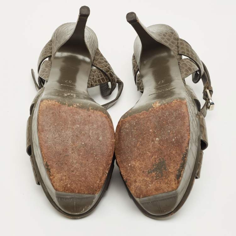 Pre Owned Saint Laurent Grey Croc Embossed Leather Tribute Ankle Strap Sandals Size 37