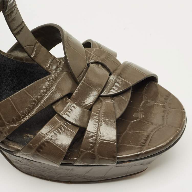 Pre Owned Saint Laurent Grey Croc Embossed Leather Tribute Ankle Strap Sandals Size 37