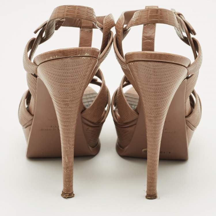 Pre Owned Saint Laurent Brown Lizard Embossed Leather Tribute Platform Sandals Size 37