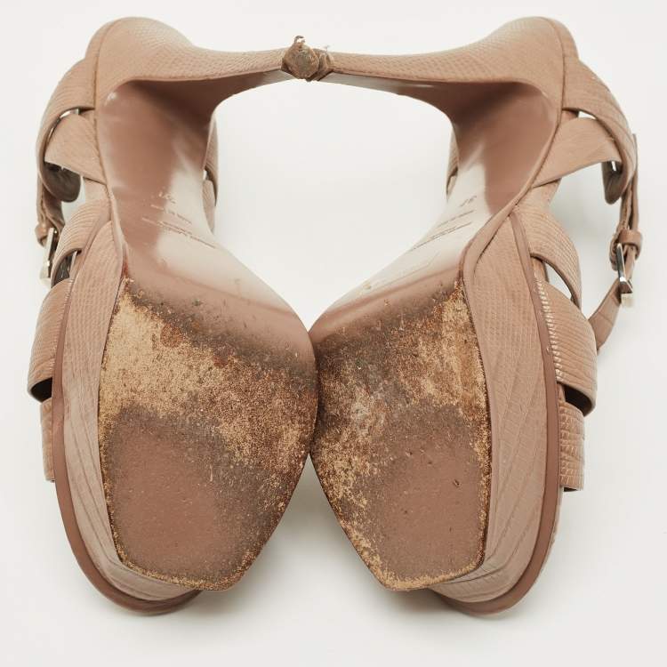 Pre Owned Saint Laurent Brown Lizard Embossed Leather Tribute Platform Sandals Size 37