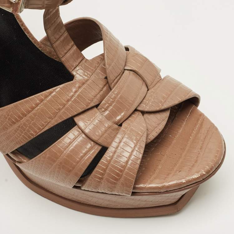 Pre Owned Saint Laurent Brown Lizard Embossed Leather Tribute Platform Sandals Size 37