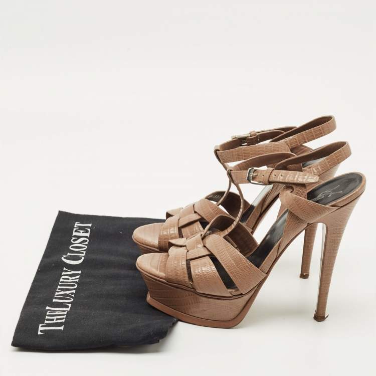 Pre Owned Saint Laurent Brown Lizard Embossed Leather Tribute Platform Sandals Size 37