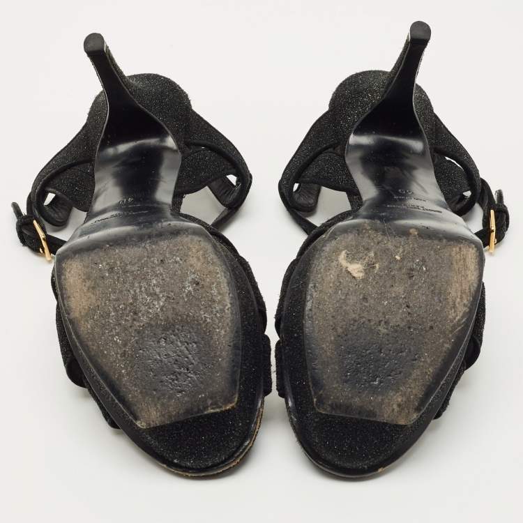 Pre Owned Saint Laurent Black Glitter Suede Tribute Platform Sandals Size 40