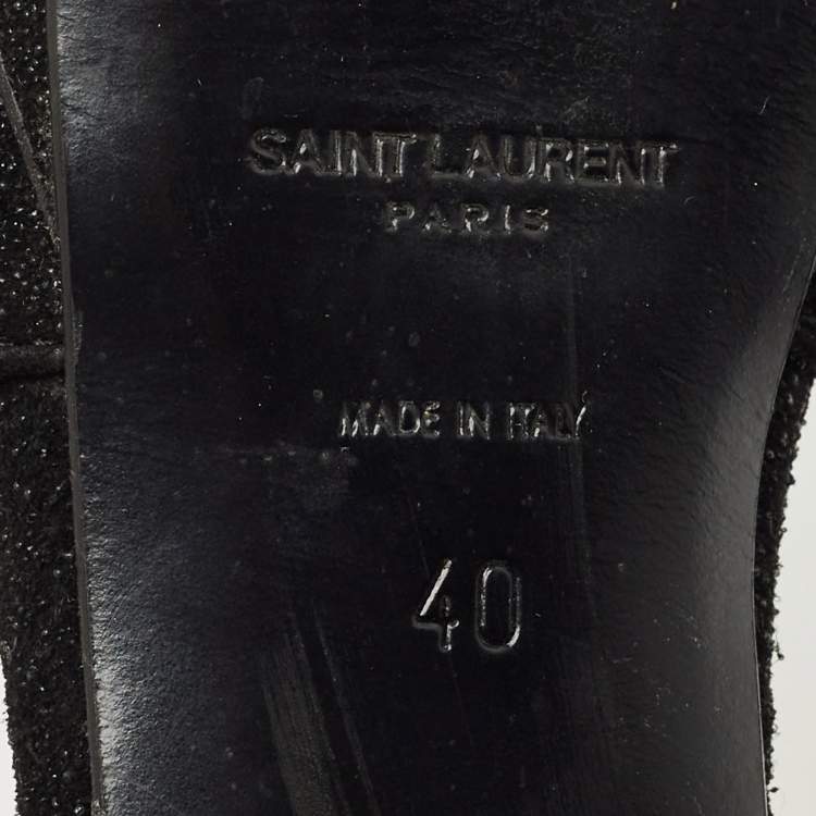Pre Owned Saint Laurent Black Glitter Suede Tribute Platform Sandals Size 40