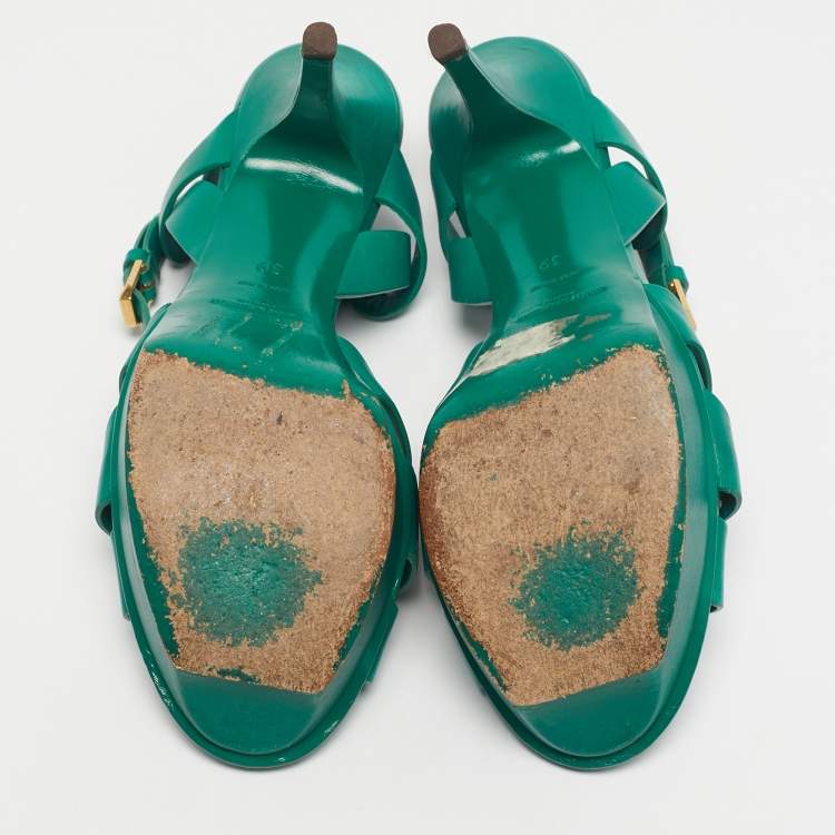 Pre Owned Saint Laurent Green Leather Tribute Platform Sandals Size 39