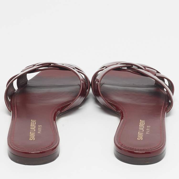 Pre Owned Saint Laurent Burgundy Patent Leather Tribute Flat Slides Size 39