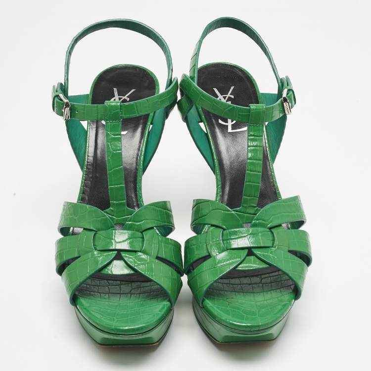 Pre Owned Saint Laurent Green Croc Embossed Leather Tribute Platform Sandals Size 39.5