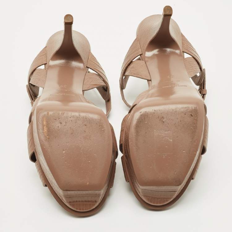 Pre Owned Saint Laurent Paris Brown Lizard Embossed Leather Tribute Platform Sandals Size 39