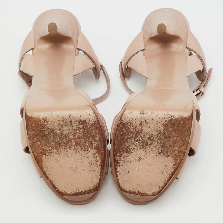 Pre Owned Saint Laurent Pink Leather Tribute Platform Ankle Strap Sandals Size 37