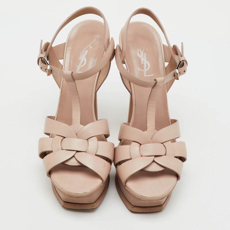 Pre Owned Saint Laurent Pink Leather Tribute Platform Ankle Strap Sandals Size 37