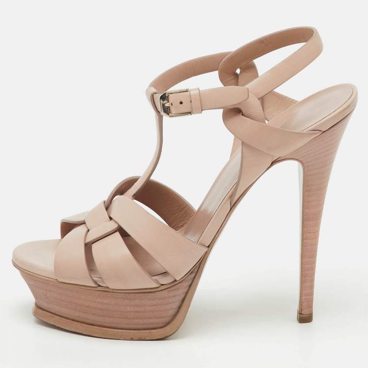 Pre Owned Saint Laurent Pink Leather Tribute Platform Ankle Strap Sandals Size 37