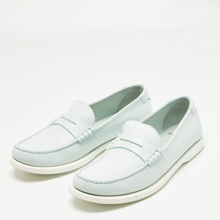 Pre Owned Saint Laurent Blue Leather Penny Slip On Loafers Size 42
