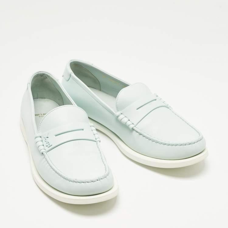 Pre Owned Saint Laurent Blue Leather Penny Slip On Loafers Size 42
