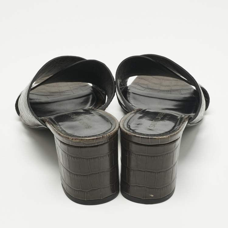 Pre Owned Saint Laurent Brown Croc Embossed Leather Loulou Slide Sandals Size 40.5