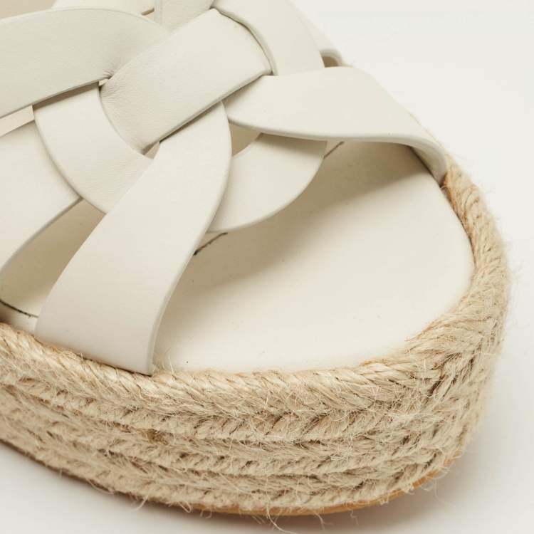 Pre Owned Saint Laurent White Leather Tribute Wedge Espadrille Sandals Size 38