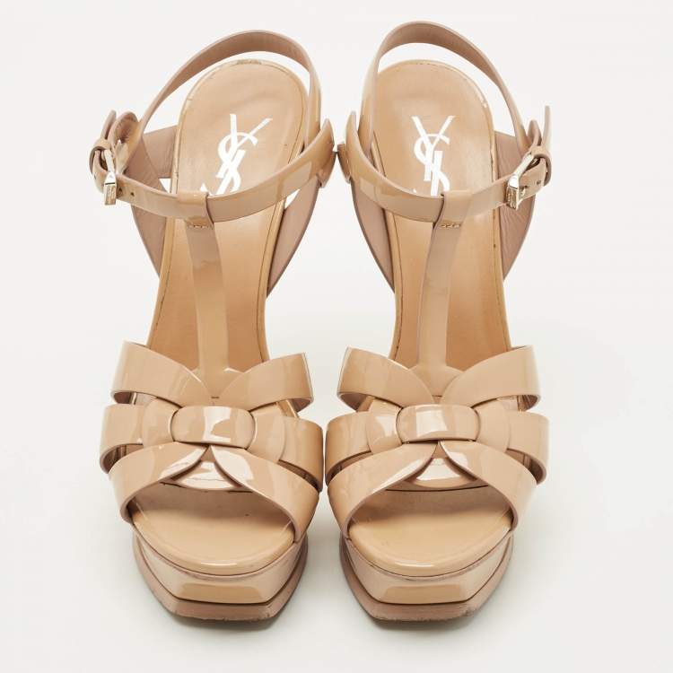 Pre Owned Saint Laurent Paris Beige Patent Leather Tribute Platform Sandals Size 37.5