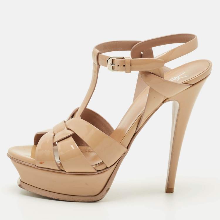 Pre Owned Saint Laurent Paris Beige Patent Leather Tribute Platform Sandals Size 37.5