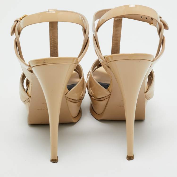 Pre Owned Saint Laurent Beige Patent Leather Tribute Platform Sandals Size 38