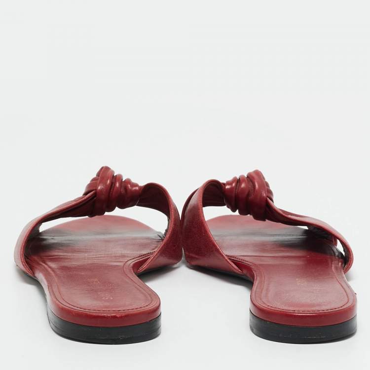 Pre Owned Saint Laurent Red Knotted Leather Bianca Flat Slide Size 40