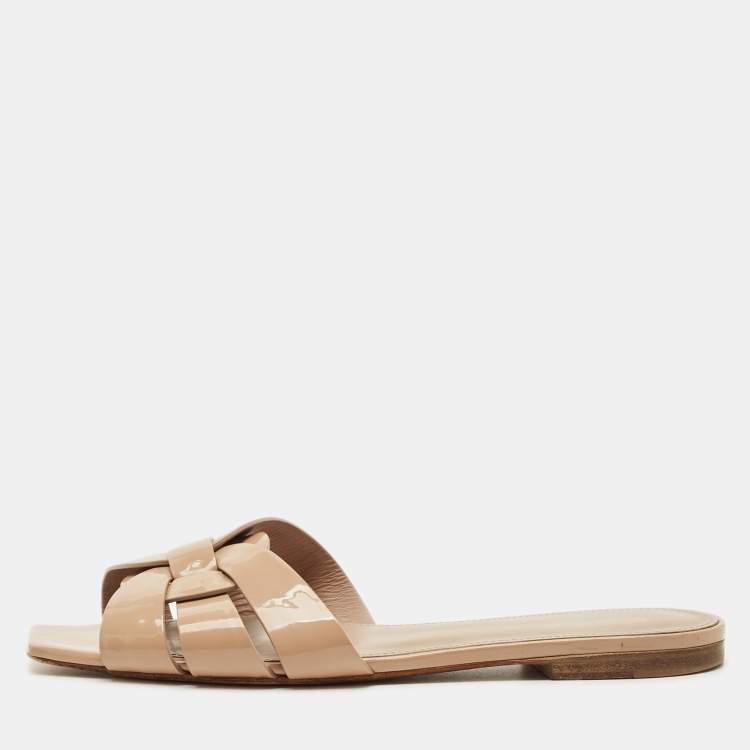 Pre Owned Saint Laurent Beige Patent Leather Tribute Flat Slides Size 38