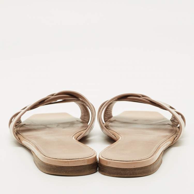 Pre Owned Saint Laurent Beige Patent Leather Tribute Flat Slides Size 38