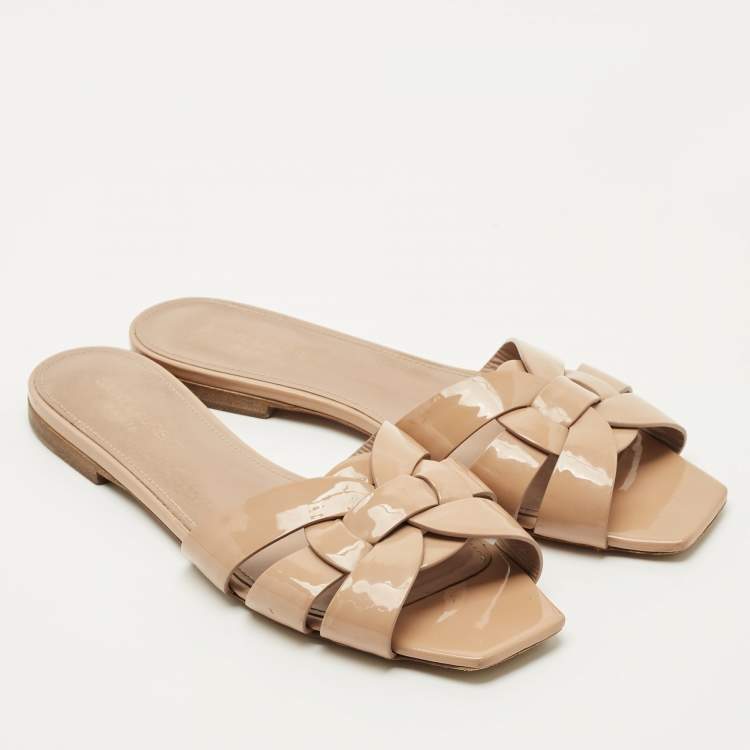 Pre Owned Saint Laurent Beige Patent Leather Tribute Flat Slides Size 38