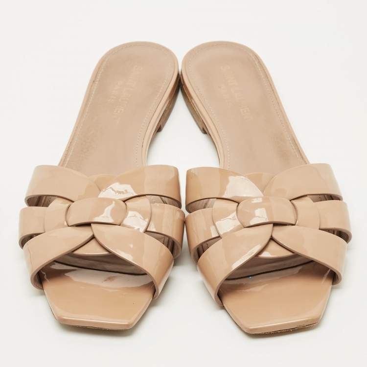 Pre Owned Saint Laurent Beige Patent Leather Tribute Flat Slides Size 38