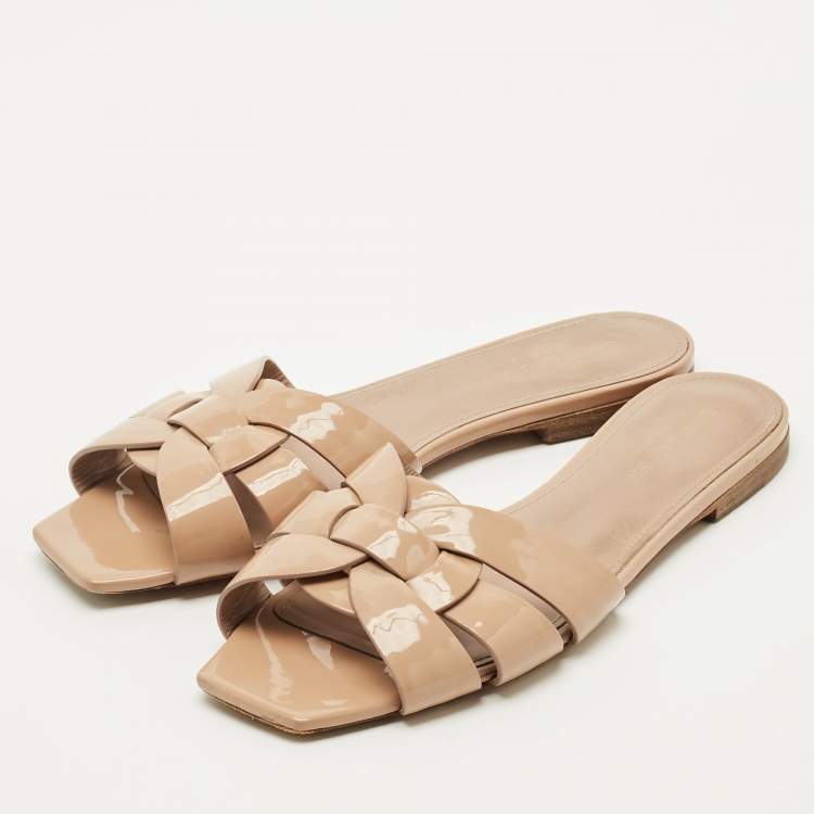 Pre Owned Saint Laurent Beige Patent Leather Tribute Flat Slides Size 38