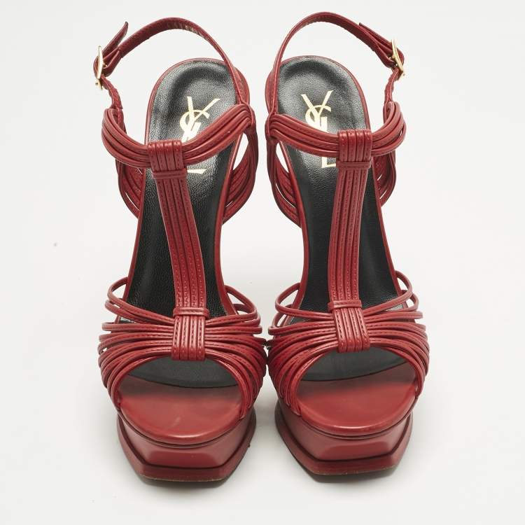 Pre Owned Saint Laurent Red Leather Platform Ankle Strap Sandals Size 38