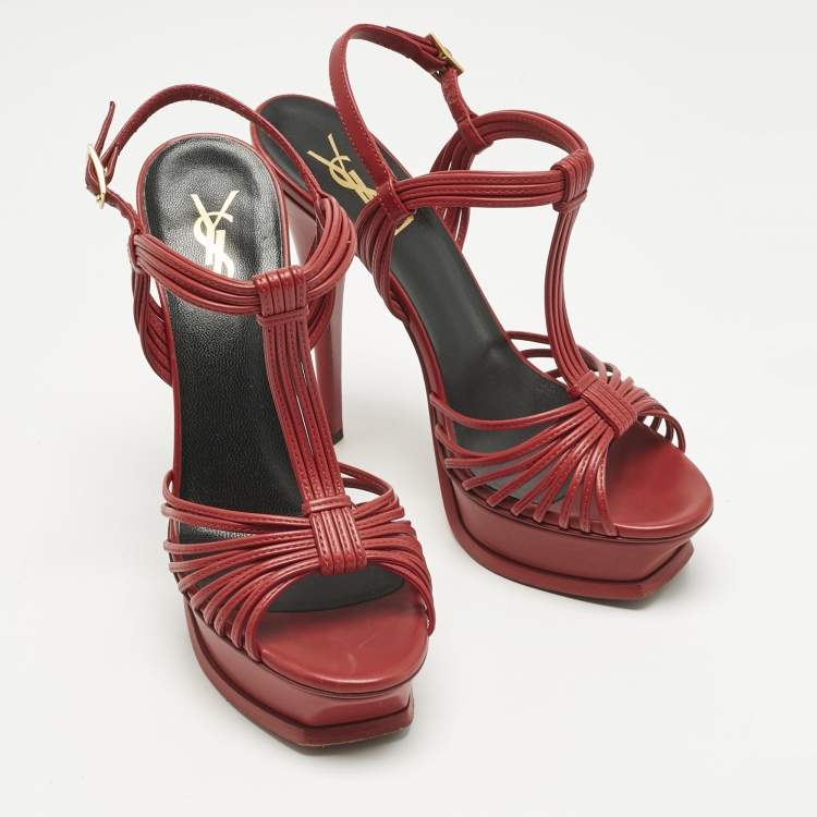 Pre Owned Saint Laurent Red Leather Platform Ankle Strap Sandals Size 38