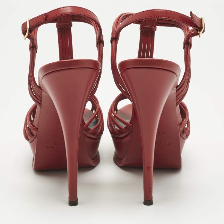 Pre Owned Saint Laurent Red Leather Platform Ankle Strap Sandals Size 38