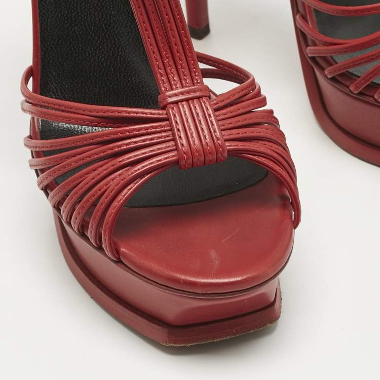 Pre Owned Saint Laurent Red Leather Platform Ankle Strap Sandals Size 38