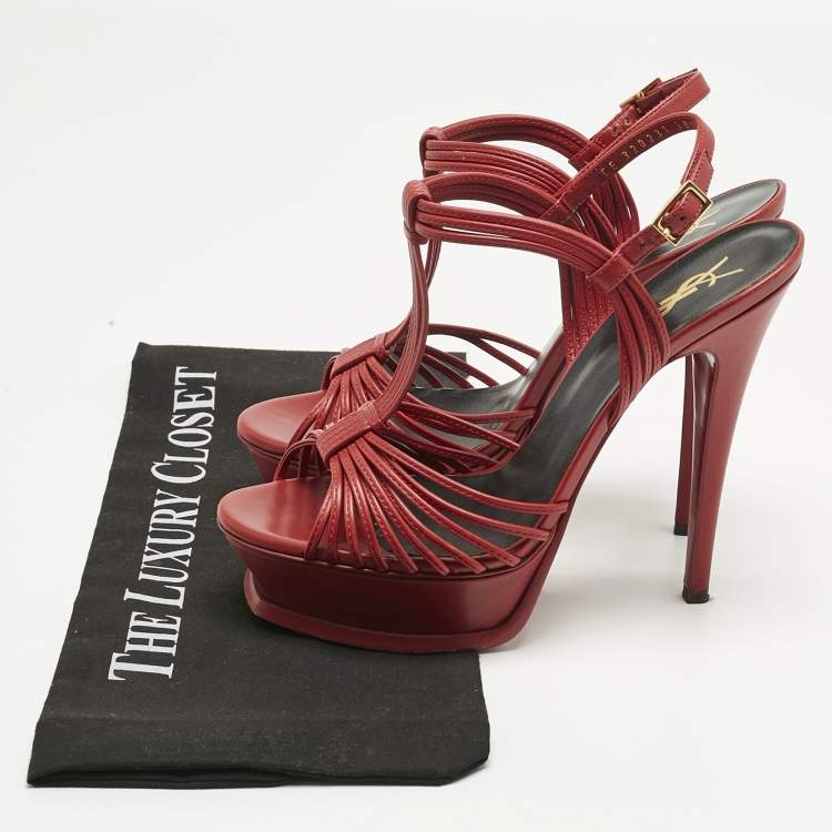 Pre Owned Saint Laurent Red Leather Platform Ankle Strap Sandals Size 38