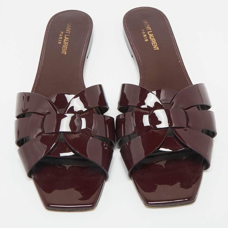 Pre Owned Saint Laurent Burgundy Patent Leather Tribute Flat Sandals Size 41