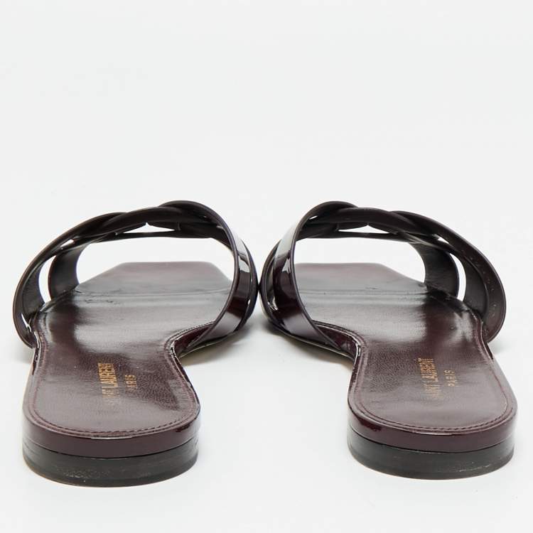 Pre Owned Saint Laurent Burgundy Patent Leather Tribute Flat Sandals Size 41