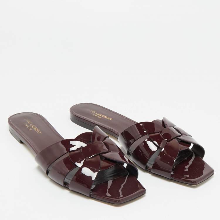 Pre Owned Saint Laurent Burgundy Patent Leather Tribute Flat Sandals Size 41