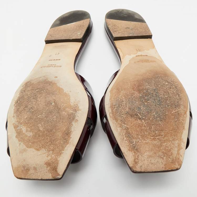 Pre Owned Saint Laurent Burgundy Patent Leather Tribute Flat Sandals Size 41