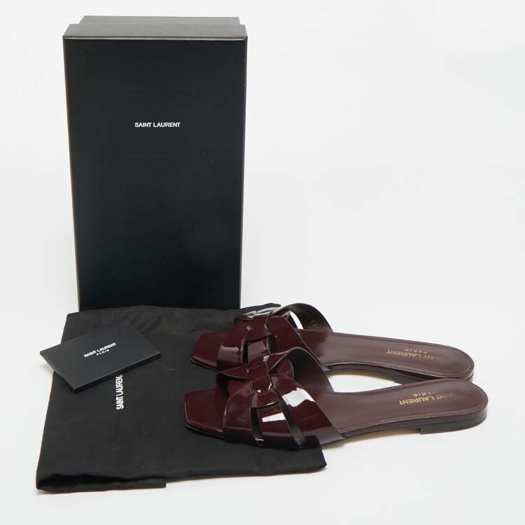Pre Owned Saint Laurent Burgundy Patent Leather Tribute Flat Sandals Size 41