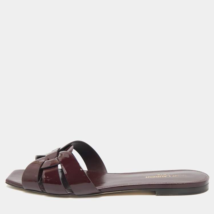 Pre Owned Saint Laurent Burgundy Patent Leather Tribute Flat Sandals Size 41