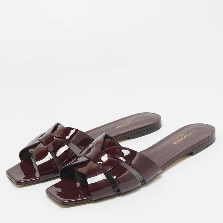 Pre Owned Saint Laurent Burgundy Patent Leather Tribute Flat Sandals Size 41